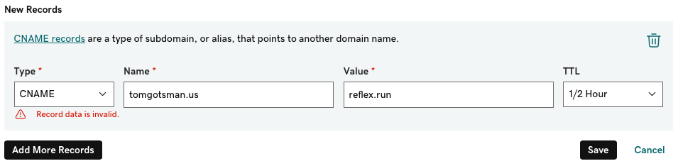 Image showing failed CNAME record